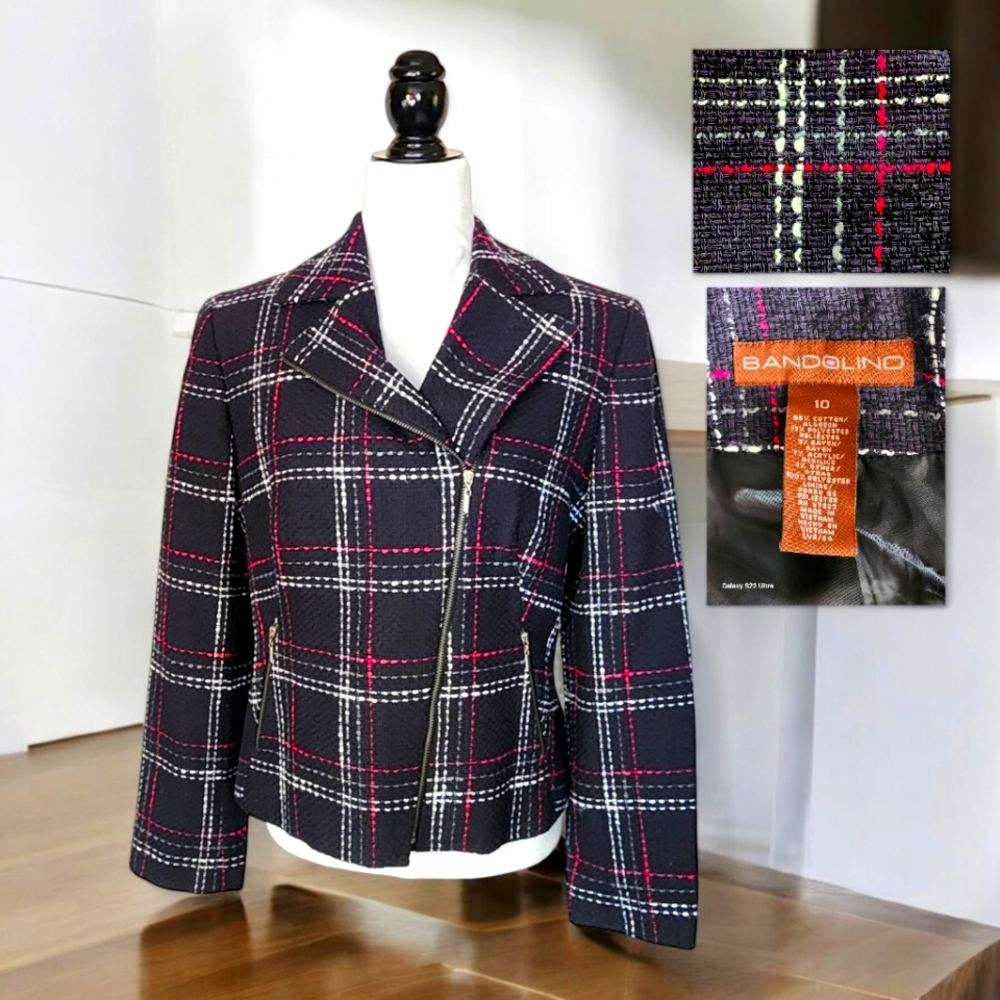 Bandolino Zip Up Jacket Navy Pink Plaid Tweed Womens Size 10 Moto Cotton